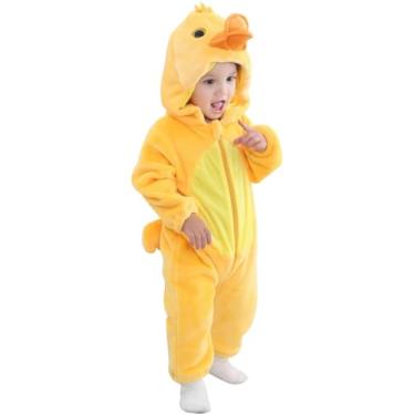 Imagem de Kirmoo Macacão unissex para bebês com capuz e flanela para inverno outono (80 (para 6 a 12 meses), pato)