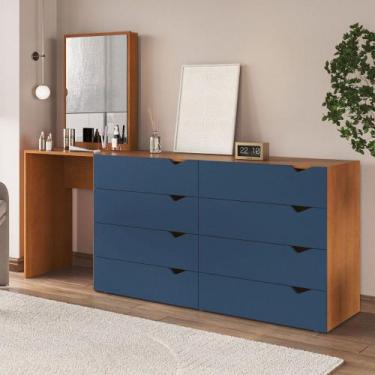 Imagem de Cômoda Porto 8 Gavetas com Espelho Azul/Freijó - Politorno, Azul