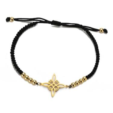 Imagem de UNIFT Pulseira de nó de bruxa para mulheres e homens, aço inoxidável, mágica, bruxaria, nó de bruxa, com uma miçanga, trama colorida, joia Wiccan ajustável (ouro-B-1)