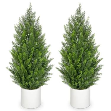 Imagem de Briful 2 peças de topiaria de cedro artificial de 90 cm em vaso branco – vasos de plantas perenes falsas compactas com folhas em camadas realistas densas, árvores falsas realistas para casa