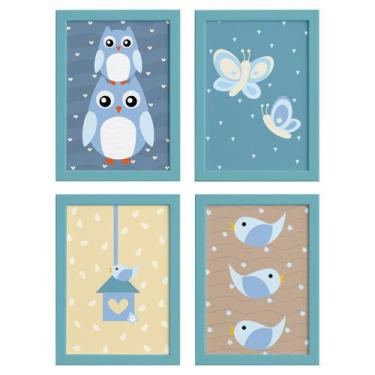 Imagem de Quadros Coruja Baby Azul Moldura Azul 22x32 4un - Quartinhos