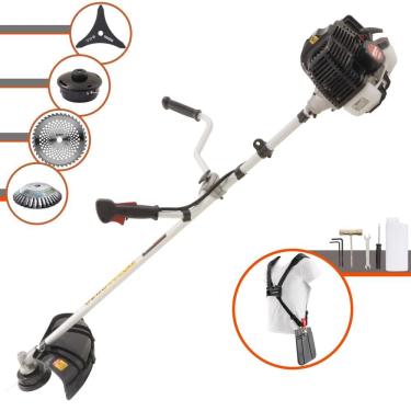 Imagem de Máquina de Cortar Grama Kawashima KW52-LE À Gasolina 2T 52cc 2,5HP 10.000rpm Roçadeira Com Carretel + Faca 3 Pontas + Faca 40 Dentes + Escova de Aço