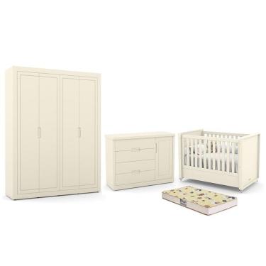 Imagem de Dormitório Tutto New 4 Portas, Cômoda 1 Porta, Berço Off White Com Colchão D18 - Matic Móveis Off White