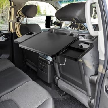 Imagem de Tcwhniev Bandeja de volante grande para carro, mesa dobrável para volante com compartimentos antiderrapantes, bandeja portátil para encosto de cabeça, mesa de volante multifuncional para laptop