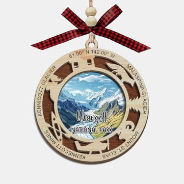 Imagem de Lerime66 Wrangell, enfeite de Natal do Parque Nacional St. Elias, design de corte a laser de madeira de 2 camadas, decoração de árvore de férias, presente de lembrança de viagem, Picos do Alasca e