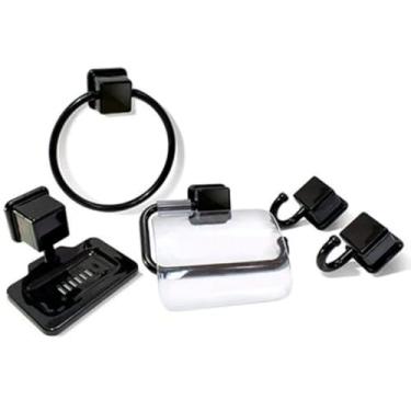 Imagem de Kit Acessórios Banheiro 5 Peças Preto com Saboneteira, Porta-Toalha Argola, Suporte Papel Higiênico e 2 Porta-Toalhas Gancho