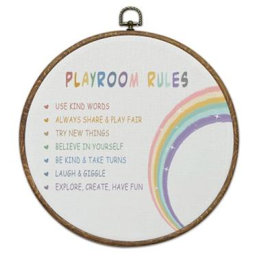 Imagem de BSNZZIO Regras de sala de jogos, decoração de arte de parede redonda, impressões de arte de moldura de tela arco-íris, decoração de parede para quarto de crianças, berçário, quarto, sala de aula, 25,4