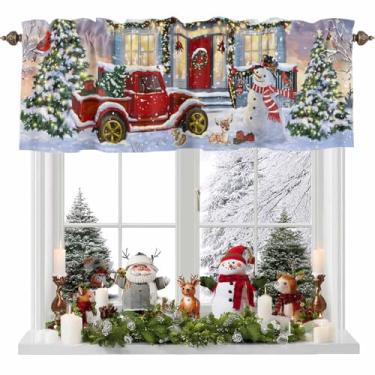 Imagem de Cortina de Natal para janelas de cozinha, cortina de nível de caminhão de boneco de neve, pássaro, pinheiro, casa de inverno, cena de neve, tratamento de janela, sanefas para quarto/sala de estar