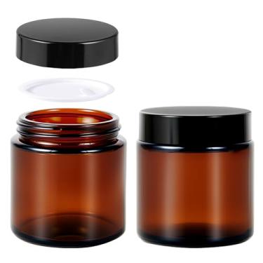 Imagem de Frascos de vidro de 118 ml com tampas, Hoa Kinh pacote com 2 frascos de vidro âmbar pequenos com tampas pretas, recipientes vazios para cosméticos, frascos de vidro redondos herméticos para loções