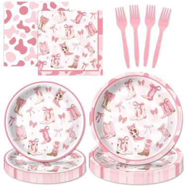 Imagem de 100 peças decorações de festa de aniversário vaqueira ocidental pratos de papel descartáveis guardanapos conjunto de talheres laço rosa para 25 convidados rodeio despedida de solteira chá de bebê