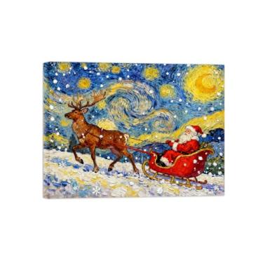 Imagem de Pinturas em tela Natal-Quadros Decoração de Parede-Cervo puxando trenó noite estrelada-Inverno Paisagens Impressões para Sala de Estar 60x80cm Tela Embrulhada