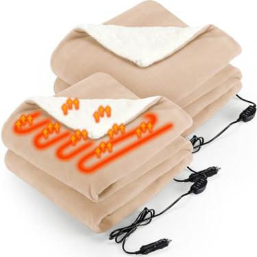 Imagem de HunnmingRe Pacote com 2 cobertores aquecidos para carro, 12 volts, 3 níveis de aquecimento, 152 x 109 cm, cobertor elétrico de temperatura ajustável, portátil, para carro, SUV, RV, acampamento
