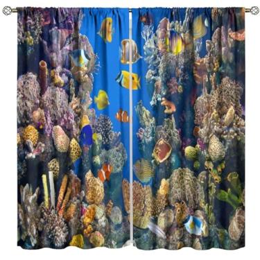 Imagem de Cortinas de animais oceânicos peixes tropicais coral mar subaquático arte mundo 3D cortinas de janela para quarto sala de estar cozinha café (L50 x C 114 cm) x 2 decoração