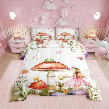 Imagem de Erosebridal Jogo de cama solteiro com estampa de jardim de fadas, cogumelos e sapos, para crianças, meninas, temática floresta, floral, borboleta, decoração de quarto de fadas e 1 fronha