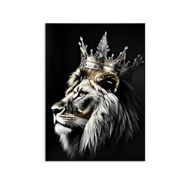 Imagem de SDYJ6GSW Rei Leão com coroa dourada arte de parede em tela preto e branco de animais selvagens africanos imagem leão com coroa imagens decoração de parede para escritório quarto decoração de casa 55 x