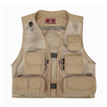 Imagem de Colete De Pesca Verão, Colete De Homem Leve Oco Fino Multibolsos Em Malha Respirável, Casaco Trabalho E Safari Para Uso Externo, Para Fotografia E Trabalho(Khaki,XL)