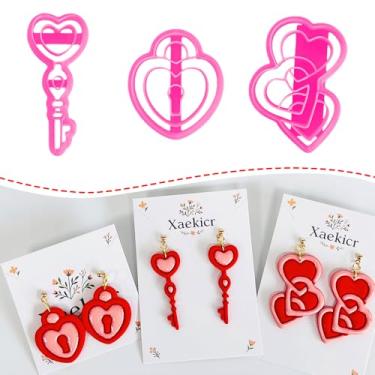 Imagem de Conjunto de cortadores de argila com cadeado de coração e chave – 3 peças de cortadores de argila de polímero para brincos, cortadores de brinco de argila do dia dos namorados, moldes de argila de