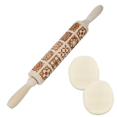 Imagem de DICOSMETIC Rolo de massa de madeira de Natal em relevo rolo de massa de 38,5 cm para assar utensílios de cozinha de Natal para assar biscoitos em relevo, pastelaria, waffles (padrão de flor vintage)
