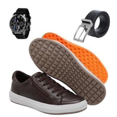 Imagem de Kit Sapatenis Casual Calce Fácil Couro Legítimo Tênis Masculino Zíper Lateral Com Relógio e Cinto-Masculino