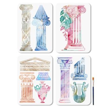 Imagem de MAYJOYDIY 4 peças de estêncil de coluna antiga de Roma, estêncil de templo grego para pintura de 29,7 × 21 cm, modelo de desenho de edifícios romanos com pincel para parede, móveis, papel, tela