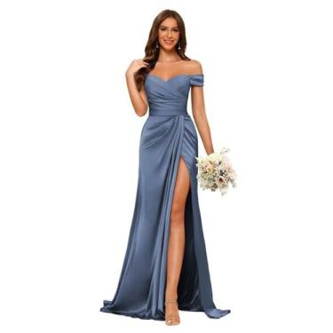 Imagem de Vestido de dama de honra Dessiny Off Shoulder Mermaid Satin Blue