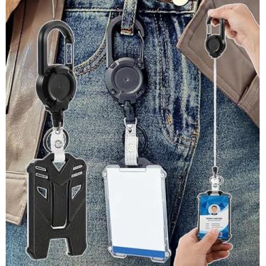 Imagem de Porta-crachá retrátil de 2 peças, chaveiro de mosquetão resistente com porta-cartões de identificação, com cordão retrátil de aço (23,5 x 6,7 cm)
