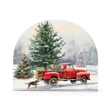 Imagem de Caikeny Suporte de guardanapo para mesas árvore de Natal caminhão de neve cão suporte de guardanapos acrílico inverno independente dispensador de lenços caixa para cozinha mesa de jantar decoração de