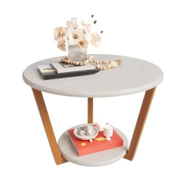 Imagem de Mesa redonda de centro, com pés de madeira maciça, ideal para decoração de sala de estar, quarto ou escritório(Plus - Off White)