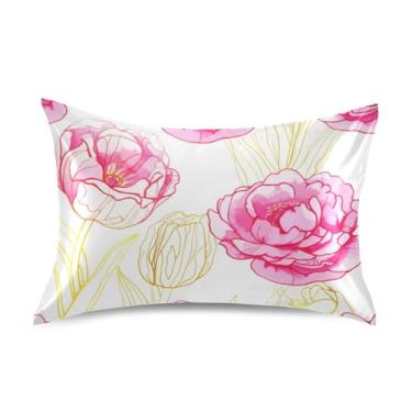 Imagem de Fronhas de cetim design floral refrescante padrão King Queen fronhas presentes de cama confortáveis tamanho queen 76.2 cm x 50.8 cm amarelo tulipas rosa peônia flores
