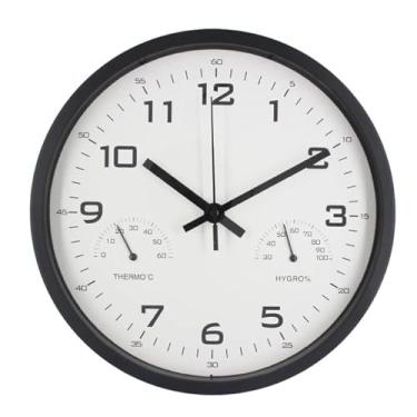 Imagem de Relógio de Parede Redondo 25cm com Termômetro e Higrômetro - Analógico, Pilha AA, Ideal para Cozinha, Sala e Escritório, Design Simples e Prático (PRETO)