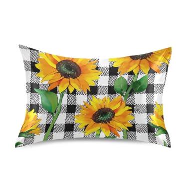 Imagem de Girassóis preto branco xadrez cetim fronhas para arrefecimento de cabelo King Queen almofadas padrão fronhas conforto cama almofada decoração tamanho padrão 66.0 cm x 50.8 cm