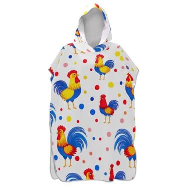 Imagem de TSENQUE Roupão de mudança de poncho de surfe para adultos, toalha de natação com capuz, galos coloridos, bolinhas, poncho masculino branco com capuz