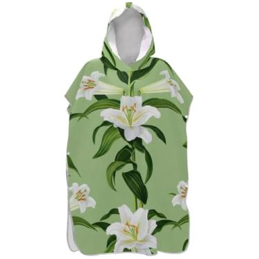 Imagem de Joisal Poncho de surfe para mudança de roupão de praia com capuz toalha floral plus size adulto ponchos para mulheres floral lírios brancos folhas verdes