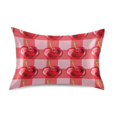 Imagem de Fronhas de cetim xadrez vermelhas cerejas engraçadas personalizadas resfriamento padrão queen king size fronhas de cama tamanho padrão 66.0 cm x 50.8 cm