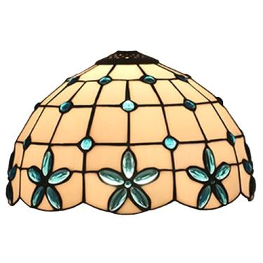 Imagem de Cúpula de abajur de 30 cm (12 polegadas), modelo Tiffany com vitrais e contas de vidro em formato de flor lilás, ideal para luminárias de mesa, pendentes, de chão e de teto, na cor azul.