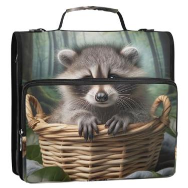 Imagem de Fichários de 3,8 cm com 3 anéis fofos guaxinins com estampa de animal com zíper, bolsa escolar com alça de ombro, estojo de armazenamento divertido com alça