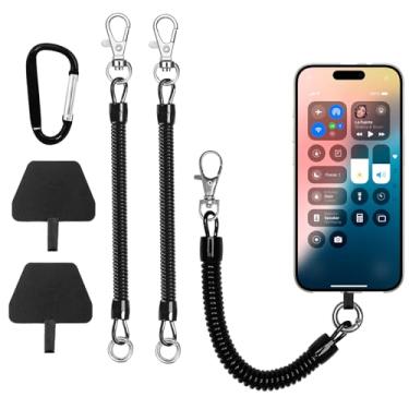 Imagem de 2 peças de tiras para celular com cabo espiral flexível, cabo de mola antifurto para smartphones, corrente de celular com mosquetão, cordão universal para atividades ao ar livre, caminhadas, escaladas