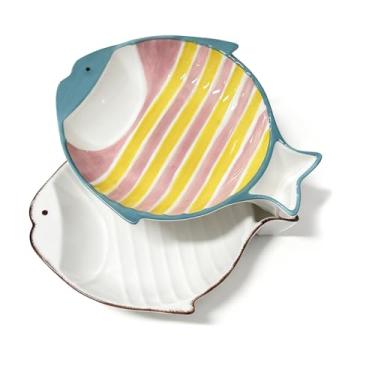 Imagem de Conjunto de 2 tigelas de cerâmica para comida de gato, peixe fofo, raso e largo, colorido, pratos de gato com bigode para alimentos, tigela de comida de gatinho, para pequenos pratos de alimentação de