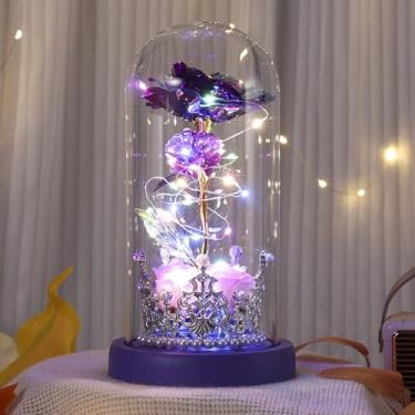 Imagem de Strackvial Dia dos Namorados para mulheres, rosa eterna iluminada com coroa de prata, rosas roxas artificiais de LED na base roxa, presente de aniversário para mãe, esposa, namorada (Roxo)