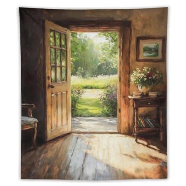 Imagem de Tapeçaria de porta aberta com vista de jardim, piso iluminado, móveis de madeira, estante de livros, cena, pintura a óleo, decoração de parede aconchegante para sala de estar, quarto, ambiente quente