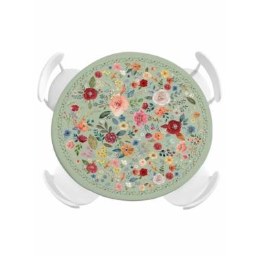 Imagem de Toalha de mesa redonda com flores da primavera, flores silvestres coloridas, folhas verdes, aquarela, elástica, impermeável, à prova de óleo, floral sazonal, serve para mesas redondas de 140 a 152 cm