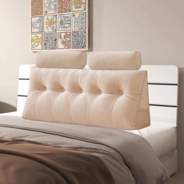 Imagem de Almofada triangular de veludo para cabeceira de cabeça, capa removível, cama de beliche, suporte de posicionamento do encosto, descanso de leitura relaxante (bege com almofada de rolo, queen (150 x 50