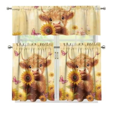 Imagem de YUVAMAGIMO Cortinas de janela de cozinha de iaque girassol sobre a pia isolamento blackout 3 peças pequenas cortinas de cozinha 91 cm de comprimento fácil de instalar e remover cortinas de janela para