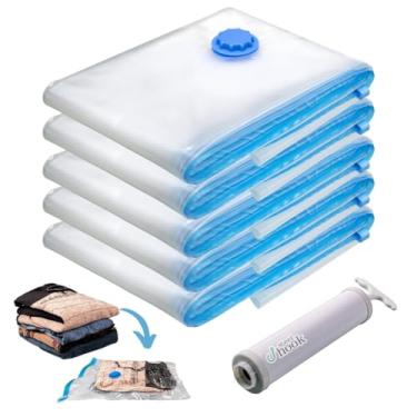 Imagem de Kit 5 Saco a Vacuo com Bomba Mala Viagem Roupas Cobertor Edredom Vac Bag Guarda Roupa Mais Espaço, Resistência Premium Grande 50x60 Steel Hook