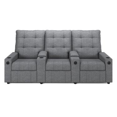 Imagem de Poltrona Reclinável Para Cinema Parma 3 Lugares Baú Usb Linho Cinza Fh1 - D'rossi