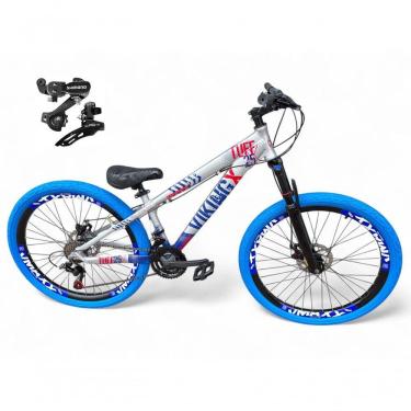 Imagem de Bicicleta Aro 26 Vikingx Tuff X25 Freeride Câmbios Shimano 21v Freio A Disco Aros Vmaxx Pneu Flame - Prata-azul