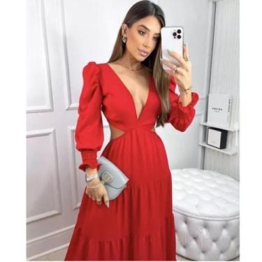 Imagem de Vestido Feminino Longo Manga Longa Decote V Profundo Casamento Crepe L