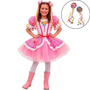 Imagem de Vestido Junino Infantil Xadrez Rosa Com 2 Chapéu Caipira de Luxo pra M