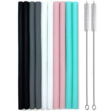 Imagem de Conjunto de canudos de silicone com 10 canudos lisos grandes de silicone reutilizáveis com escovas de limpeza extra longos para canudo Yeti/Rtic/Ozark 525 ml e copo de 76 ml - mastigável flexível e seguro para crianças