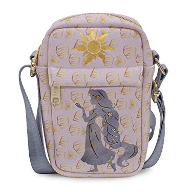 Imagem de Buckle-Down Bolsa Disney, corpo cruzado, silhueta e pente de pose de ação Mulan, ouro vermelho, couro vegano, Rapunzel emaranhado, 8.0" x 5.5"